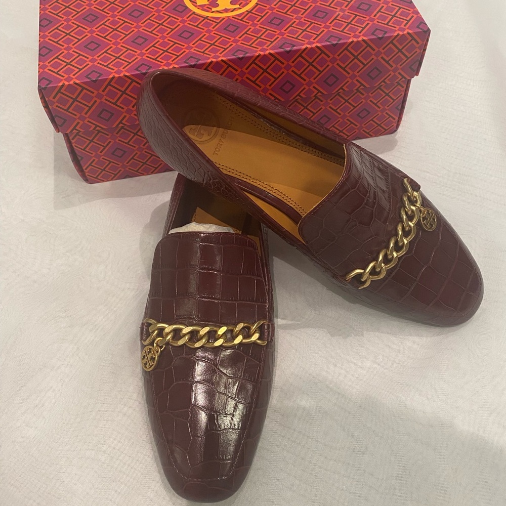 Tory Burch Burgundy Loafers with Gold Accent